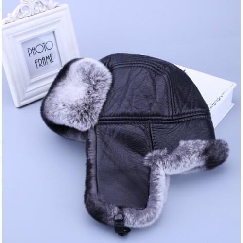 2020 Unisex Russian Winter Warm Hat Cap Genuine Rex Rabbit Fur Sheep Skin Leather Bomber Hats Fur Ushanka Thick Soft Black Grey