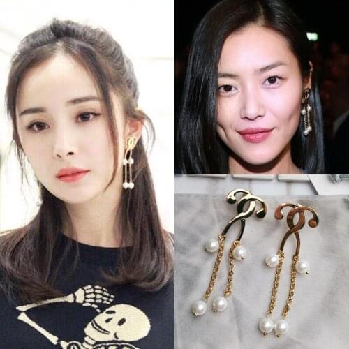Korean gold long tassel Pearl double question stud Earrings for women