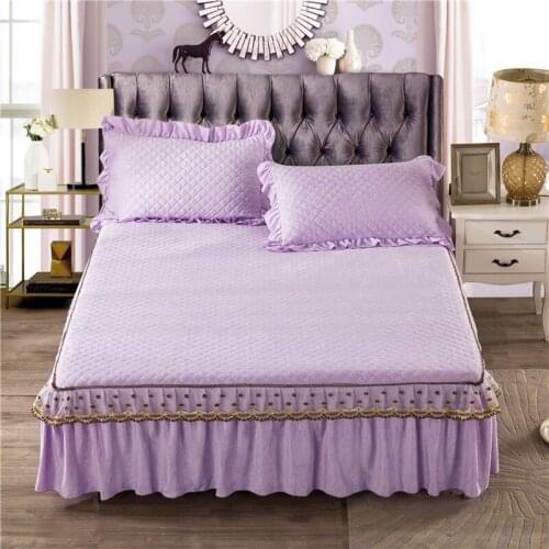Thicker Crystal velvet Quilted Bedspread Fitted Sheet Pillowcases Cotton 2/3pcs Solid Princess Lace Bedding