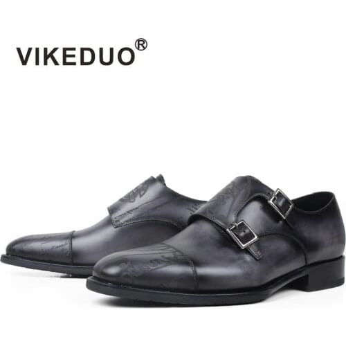 VIKEDUO Mens Handmade Shoes Letter Engraving Gray Monk Shoe Male Genuine Leather Gray Footwear Wedding Office Formal Dress Shoe
