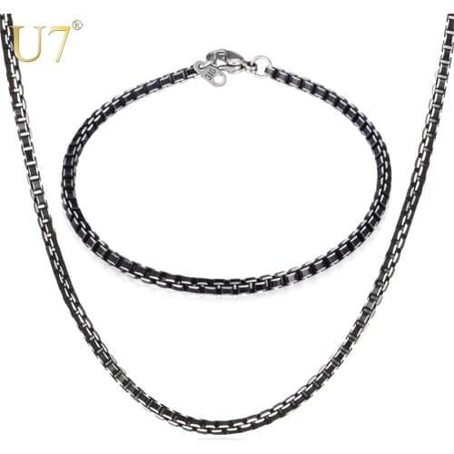 U7 Stainless Steel Necklace Bracelet Set For Men Jewelry Fashion High Quality 3MM Box Link Chain Jewelry Sets Party S650