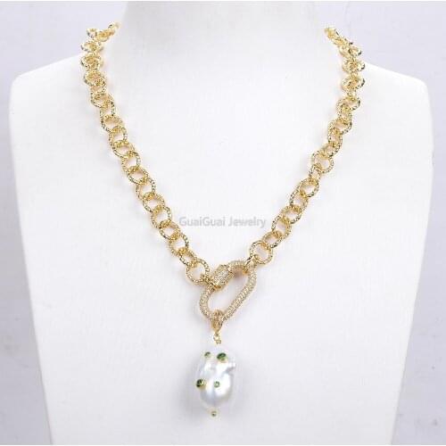 Unique Cultured White Keshi Pearl Green Cubic Zirconia Pave Gold Plated Chain Necklace 18"