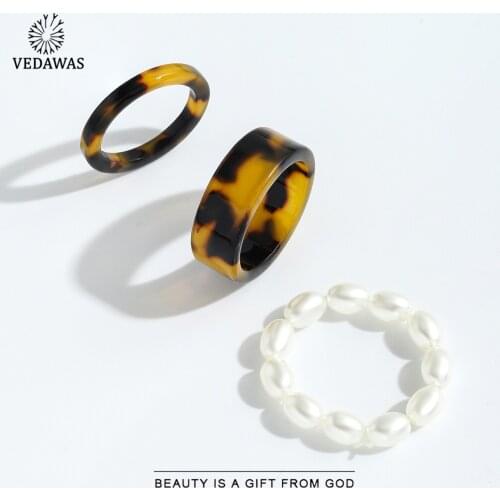 Vedawas Summer Korean Cute Pearls Colorful Charm Ring Sets For Women Resin Romantic Engagement Rings Friendship Gifts Jewelry