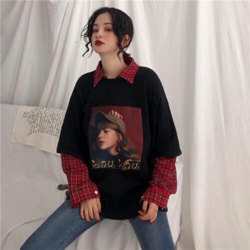 Vintage Autumn fake two new fashion Harajuku loose hip hop Plaid Turn-down Collar T-shirt ulzzang casual fun print T-shirt