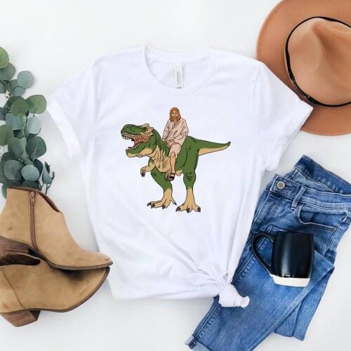 Jesus Riding Dinosaurt Print Harajuku Top Women T-shirt Casual Ladies Basic O-collar Short Sleeved Women T-shirt Girl,Drop Ship