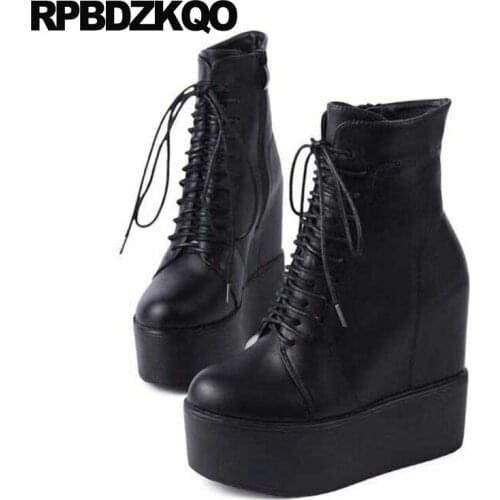 Shoes Round Toe Lace Up Ankle Cheap Fall Autumn Short Wedge 14cm Waterproof Winter Boots Women Elevator High Heel Black Platform
