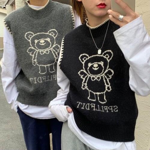 Casual Sweater Vest Women 2021 Korean Style Streetwear Cute Teddy Bear Sleeveless Pullover Waistcoat Knitted Tank Tops T569