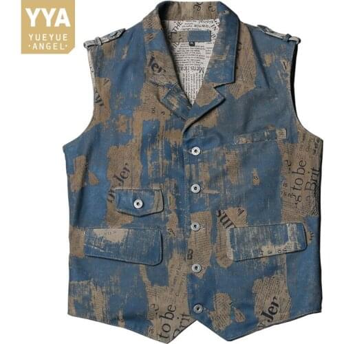 Printing Genuine Leather Vest Men Vintage Cowhide Single Breasted Sleeveless Cargo Jacket British Style Mens Waistcoat Outerwear