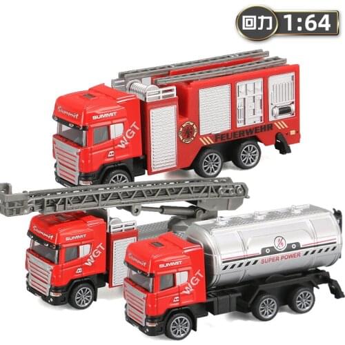 1:64 Simulation Fire Rescue Truck Pull Back Kids Car Model Toys Alloy Diecast Spray Water Vehicle Toy Gift for Boy Children S022