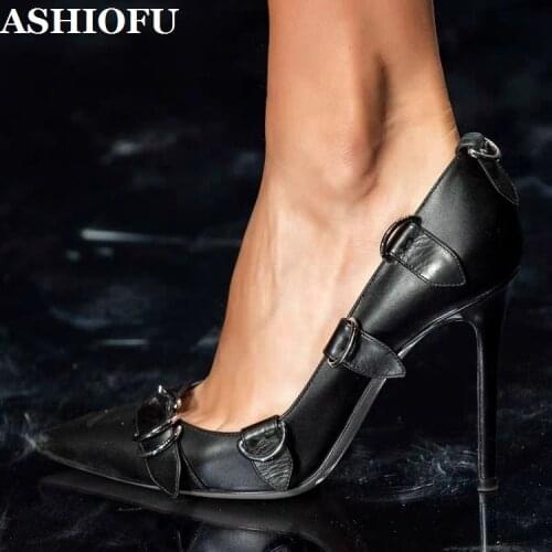 ASHIOFU New Classic Handmade Ladies High Heels Pumps Buckles Slip-on Party Prom Dress Shoes Large Size Evening Fashion Shoes