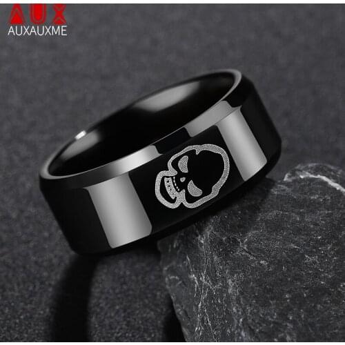 Auxauxme Black Stainless Steel Skeleton Skull Punk Ring Grim Reaper Biker Rings For Men Jewelry Gift Bijoux