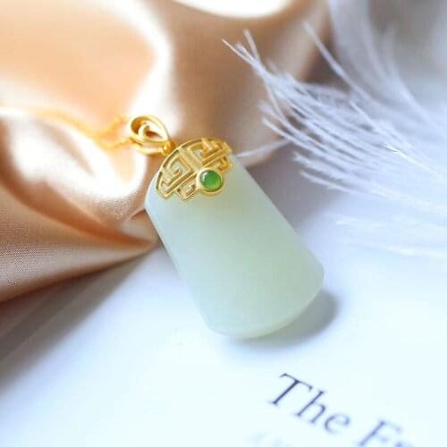 Natural Hetian White Jade Lucky Pendant Necklace Pendant S925 Silver Inlaid Design Retro Simple Gift for Birthday