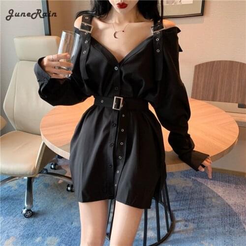 JuneRain Summer Vintage Shirts Strapless Women Blouse Black Tops With Belt Casual Long Shirts Off The Shoulder Sexy Top Shirt