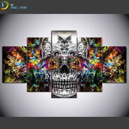 Diamond Painting Pictures Home Decor 5 Pieces Colorful Evil Vibrant Skull Embroidery Multi-Module Abstract Wall Art Mosaic Gift