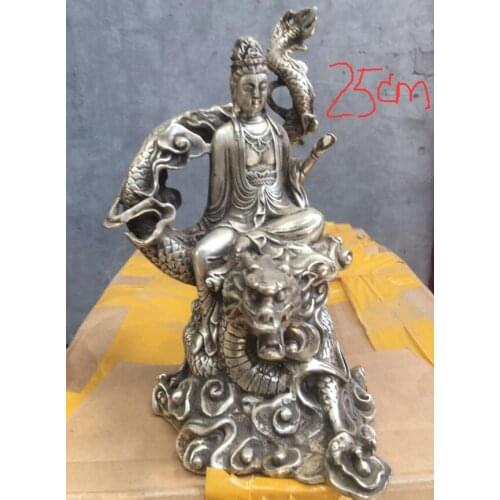 10" Chinese Silver Plated Bronze Painting Kwan-yin Guan Yin Goddess Ride Dragon Statue 25cm/ 2 colour choose Height