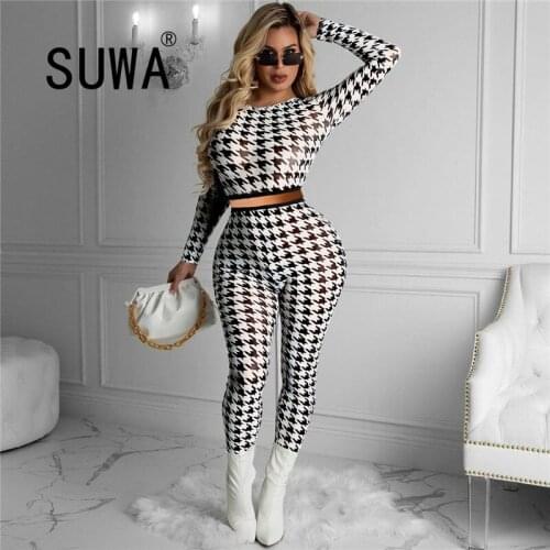 Classic Fashion Black White Printed Loungewear Women 2 Piece Outfits Long Sleeve Pullover Tops High Waist Skinny Pencil Pants