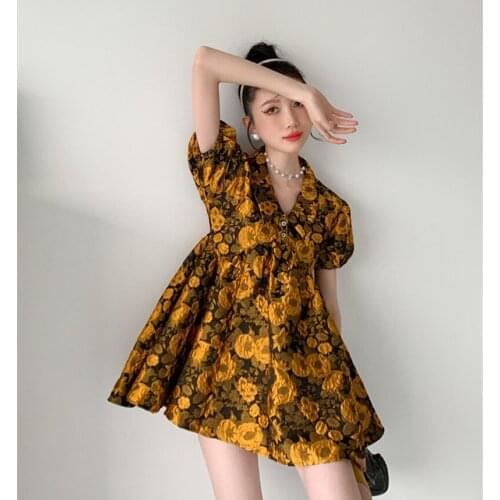Korean 2021 Summer Fashion Yellow Jacquard Puff Sleeve Dress Women Sweet Fairy Party Cute Chic Dress Female Vestido Mujer