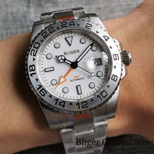 BLIGER Brand White GMT 40mm Automatic Men Watch Steel Bezel Brushed Oyster Strap Sapphire Glass Screedown Crown