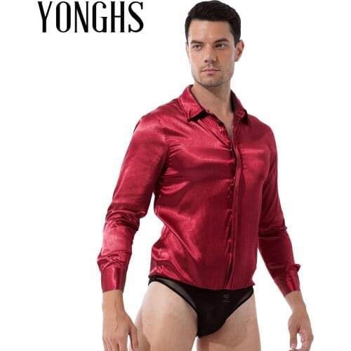 Mens Lingerie Satin Teddies Bodysuit Turn-down Collar Coveralls Sleepwear Button Down Long Sleeve Business Romper Jumpsuits