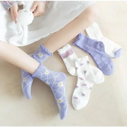 College Style Sweet and Cute Socks New Style Japanese Spring and Summer Purple Flower Pure Cotton Socks Lace Tube Socks