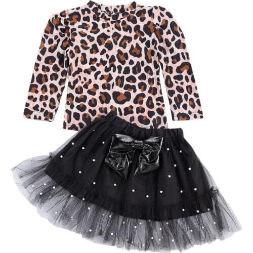 New Kids Girls Leopard Clothes Sets 2pcs Long Sleeve Pullover T Shirts Tops Pearl Lace Bow Tutu Skirts Set