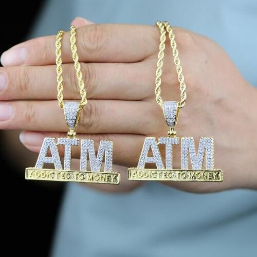 New Iced Out Bling Letters ATM Addicted To Money Pendant Necklaces Gold Color 5A Zircon Long Rope Chain Mens Hip Hop Jewelry