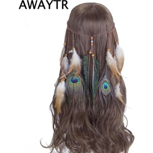 Feather Head Band AWAYTR Feather Headband Hippie Bohemian Women Blue Feathers Hippy Female Hair Accessories
