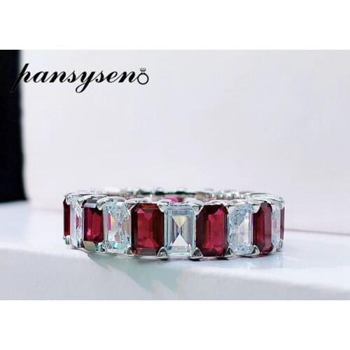 PANSYSEN 100% Real 925 Sterling Silver Emerald Cut Created Moissanite Ruby Gemstone Diamond Ring Women Men Couple Ring Wholesale