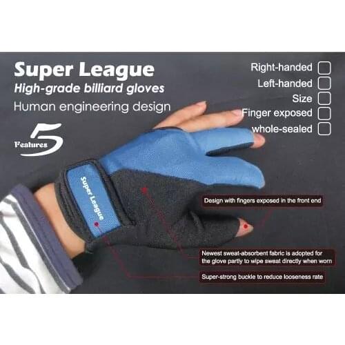 10pcs/lot Super League Right-handes gloves Billiards Pool Snooker Left-handed gloves with Three-finger and half-finger exposed