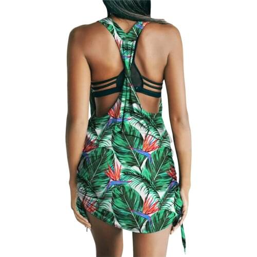 Sexy Sleeveless Open Back Drawstring Tank Dress Womens 2021 Fashion Boho Green Leaf Print Mini Dresses Party Clubwear Vestidos