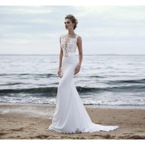Beach Wedding Dress See Through Design Appliques Sheath Gowns Floor Length illusion Back Bridal Dress Robe De Mariee
