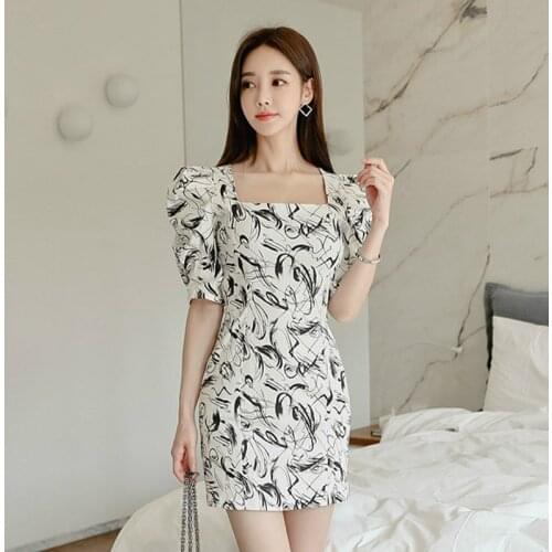 Print Ink Painting Casual Woman Dress Summer 2020 Short Sleeve Mini Korean Dress Ladies Wrap Bodycon Plus Size Dresses for Women