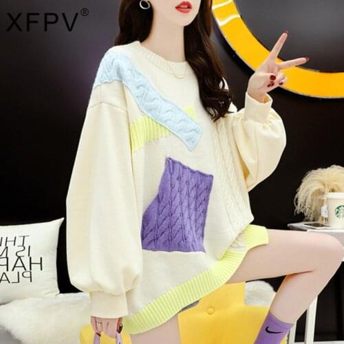 XFPV Loose Stitching Long-sleeved Pullover Womens Loose Print Autumn 2021 New All-match Korean Version Sm403