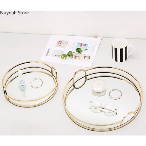 Nordic Light Luxury Glass Mirror Storage Tray Creative Living Room Decoration Fruit Cosmetics Coffee Table Gold Iron Round Tray