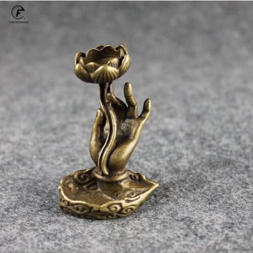 Antique Bronze Buddha Hand Lotus Statue Tea Table Decoration Backflow Sandalwood Incense Burner Temple Home Room Decor Ornaments