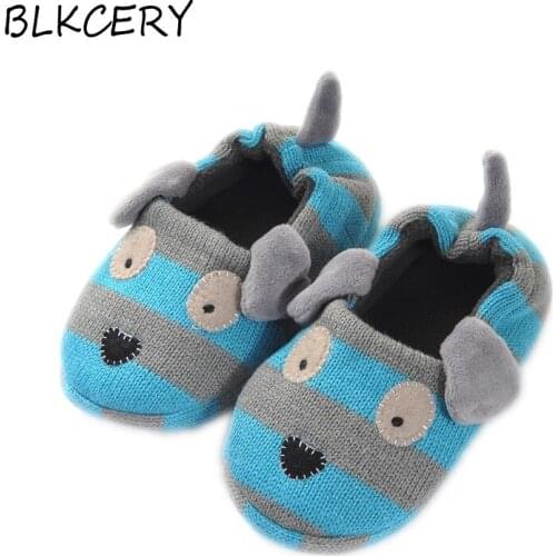 Toddler Boy Slippers Cartoon Puppy Plush Warm Shoe Little Kids Loafers Winter House Shoes Soft Rubber Sole Knitted Home Footwear