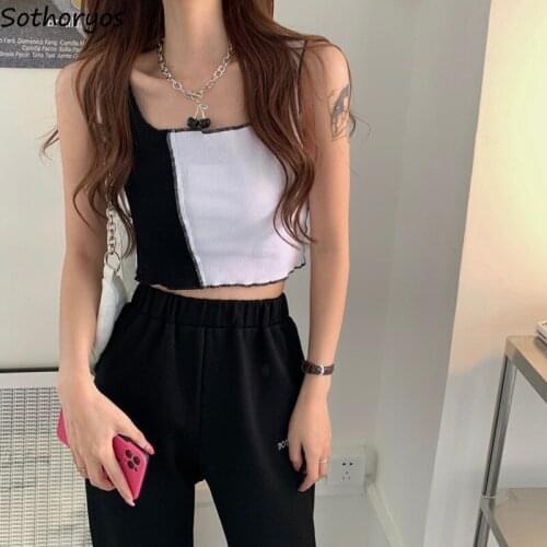 Tanks Women Patchwork Cool Harajuku Chic Slim Crop Tops Streetwear All-match European Style Spliced Hot Trendy Retro Soft Womens