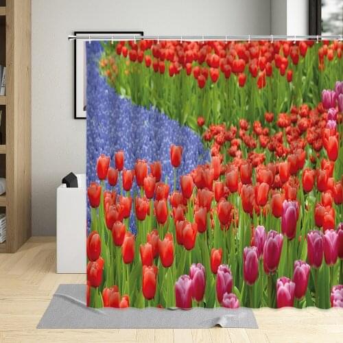 Colorful Tulip Countryside Flower Shower Curtain Floral Plant Pastoral Bathroom Decor Waterproof Polyester Fabric Bath Curtains