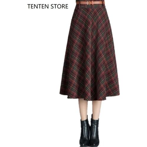 Fall winter plaid high waist long a line skirts womens woolen plus size thick warm vintage skater skirtsfemale new fashion