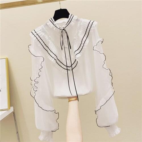 Stand Collar Lantern Sleeve Shirt Womens 2020 Autumn Blouse Lace-up Court Style High Waist Pleated Ruffles Chiffon Blouses Tops