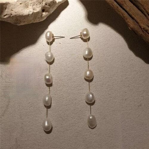 U-Magical Creative Long Thread Natural Freshwater Pearl Dangle Earrings Beaded Pearls Tassel Earrings for Women Simple Jewelry