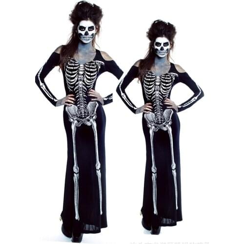 Women Scary Skeleton Dress Halloween Devil Ghost Cosplay Costume Rib Cage Printed Outfit Horrible Black Long Dress