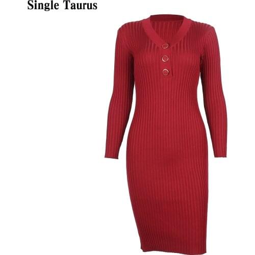 Fashion Metal buttons Casual Female Sheath Dress V Neck Long Sleeve Push Up Sexy Sweater Knitting Cotton Vintage Dress Women