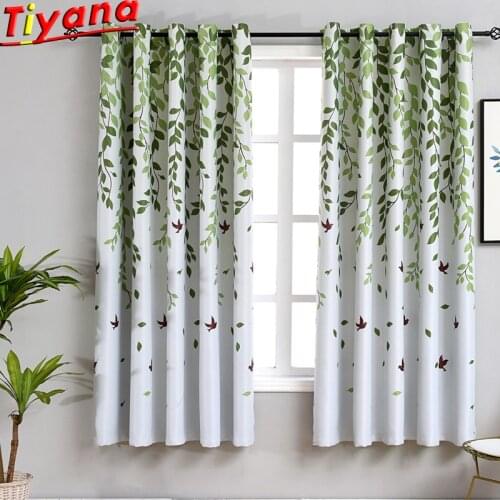 1PCS 100*200CM Green Curtains for Living Room Leaves Birds Printed Blackout Curtains for Bedroom Bay Window PC026#30