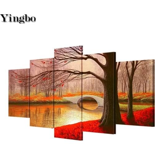 5d diy square round diamond painting Autumn landscape bridge Paintings full drill embroidery diamond mosaic 5 Piece Home Decor