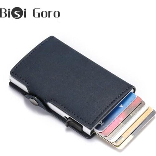 BISI GORO Men Anti-theft Metal Card Holder Fashion RFID Aluminium Credit Card Holder Crazy Horse PU Leather Travel Card Wallet