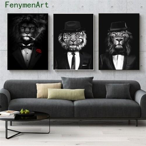 Black White Animals Canvas Painting Wild Lion In A Suit Posters And Prints Lion Tiger Monkey Wall Art Pictures Room Home Decor