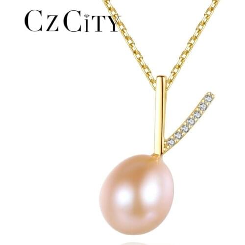 CZCITY Natural Pearls Pendant Necklace for Women 925 Sterling Silver V-Shape Fine Jewelry Engagement Christmas Gifts FN-0295