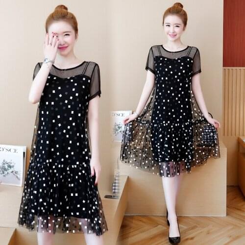 Elegant Mesh Dress Summer Short Sleeve Female 2020 New Womens Loose Large Size Printed lace party Dress V705