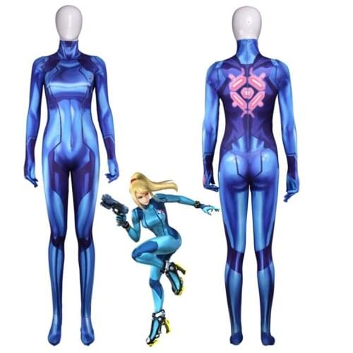 Game Samus Aran Printing Jumpsuits Halloween Cosplay One Piece Fullbody Long Sleeve Zentai Suit Lycra Bodysuit Costume Unisex